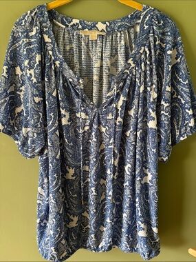 Michael Kors Blue and White Paisley Short-Sleeve Blouse